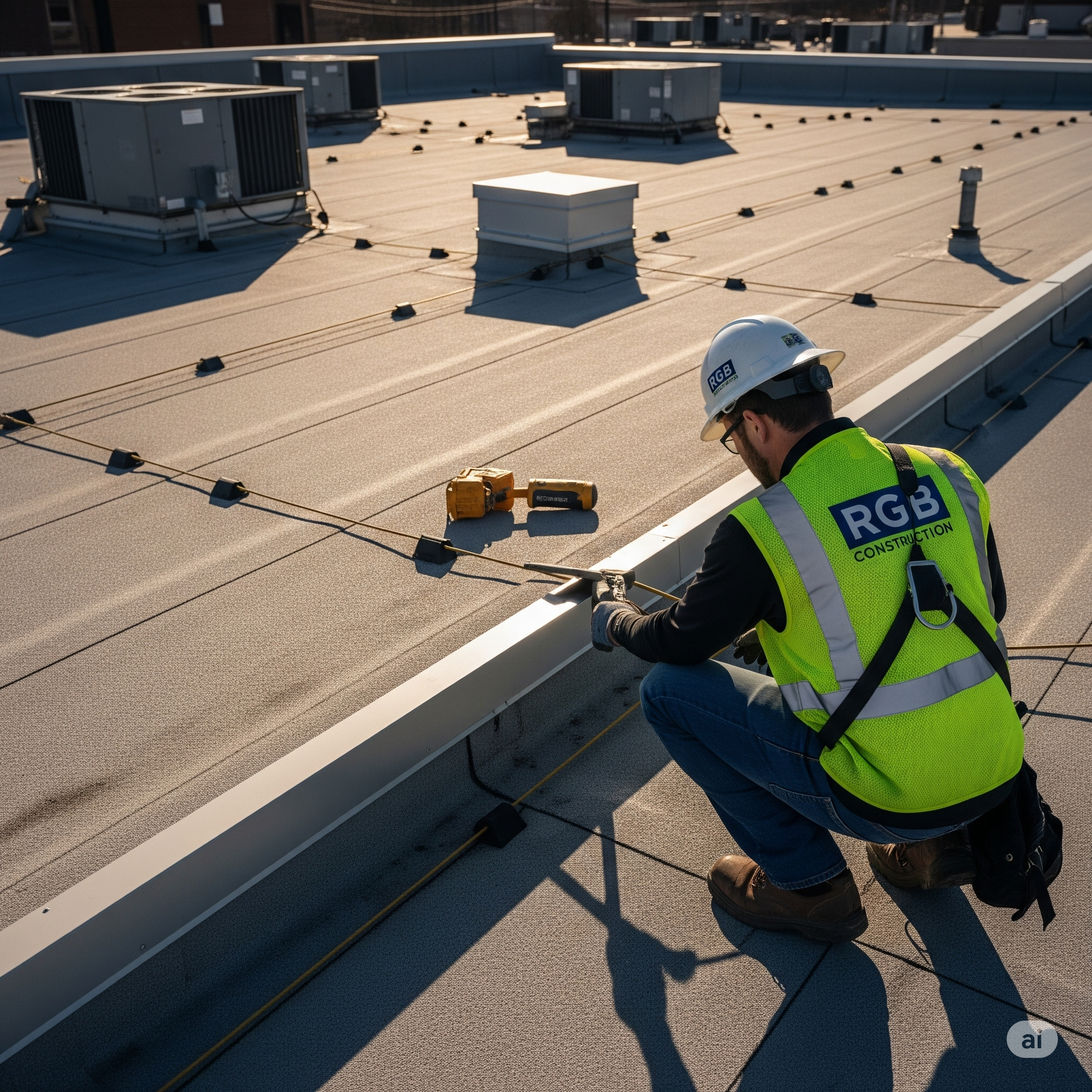 Commercial Roof Inspection by RGB Construction RGB Construction technician inspecting a commercial flat roof in South Jersey