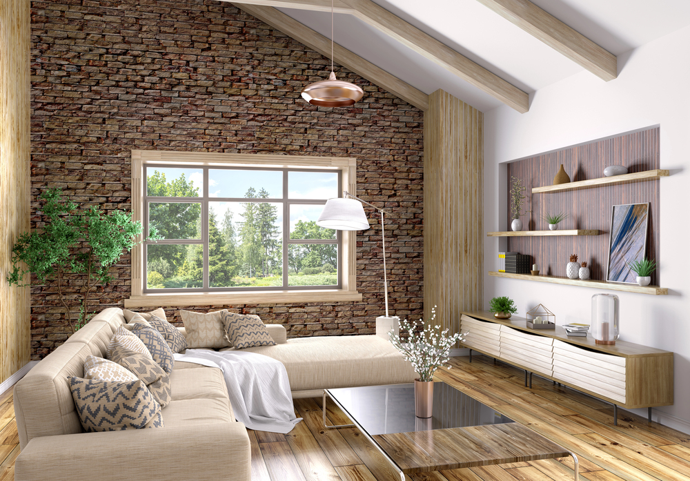 Open-concept home with cathedral ceilings and large windows.