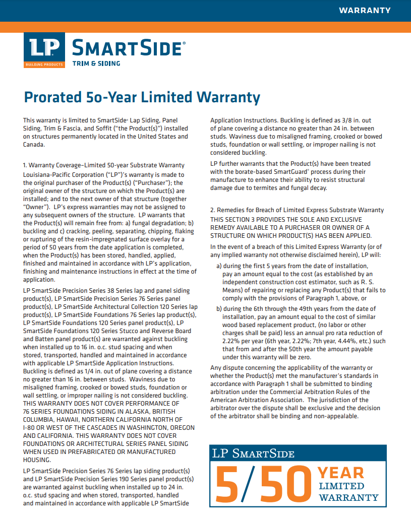 LP Smartside 50 Year Warranty LP Smartside 50 Year Warranty