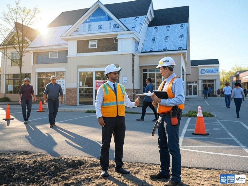 A project manager and roofer discuss commercial roof replacement preparation steps.