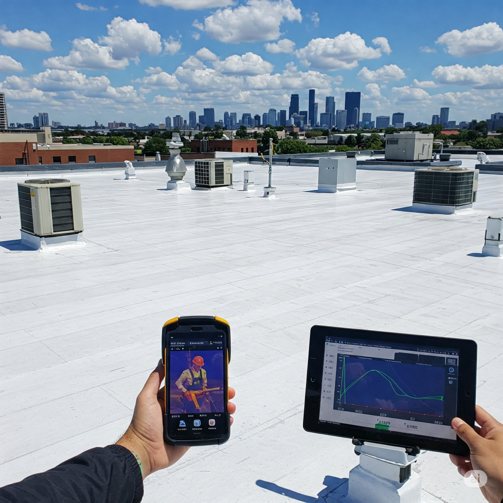 A roofing contractor looks at the data on cool roofs while standing on a white flat roof