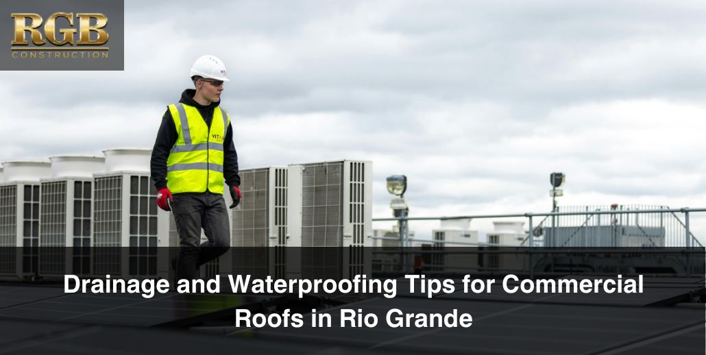 A roofer inspecting the drainage and waterproofing on a commercial roof