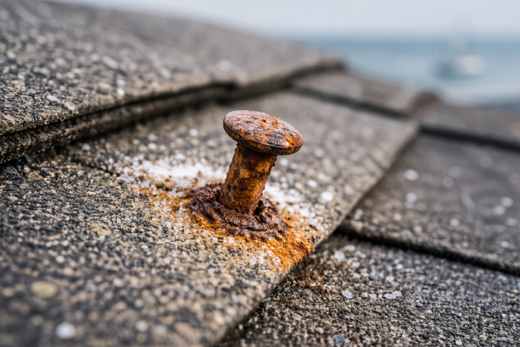 A popped nail head showing signs of salt-driven corrosion on an asphalt shingle roof