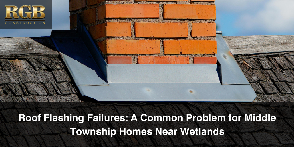 Roof flashing surrounding a chimney on an older roof. Aging materials is one cause of roof flashing failures in Middle Township.