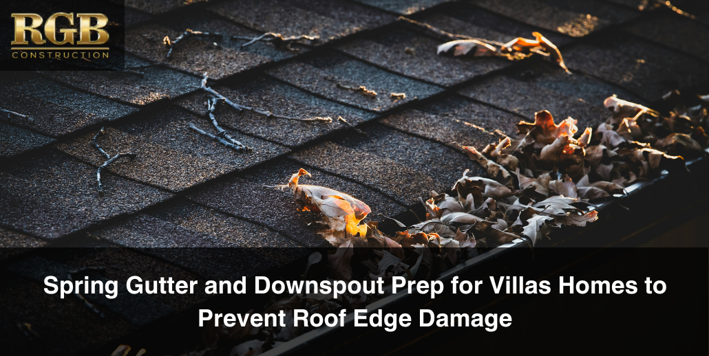 Leaves and twigs clogging a gutter on a home. This may lead to roof edge damages and leaks