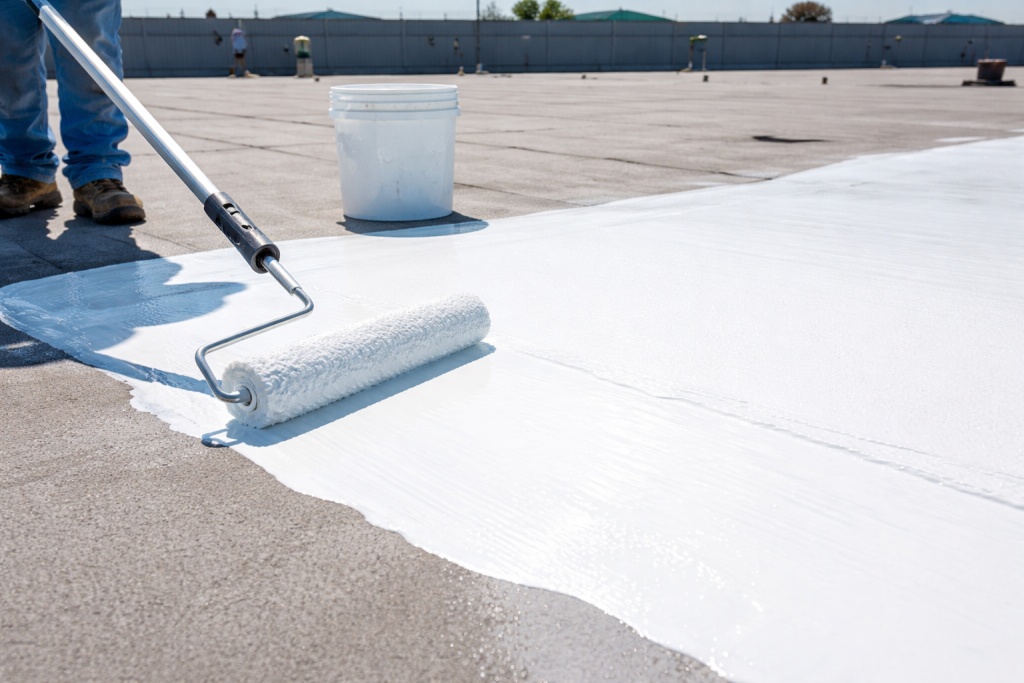 A commercial roofer applying a reflective roof coating