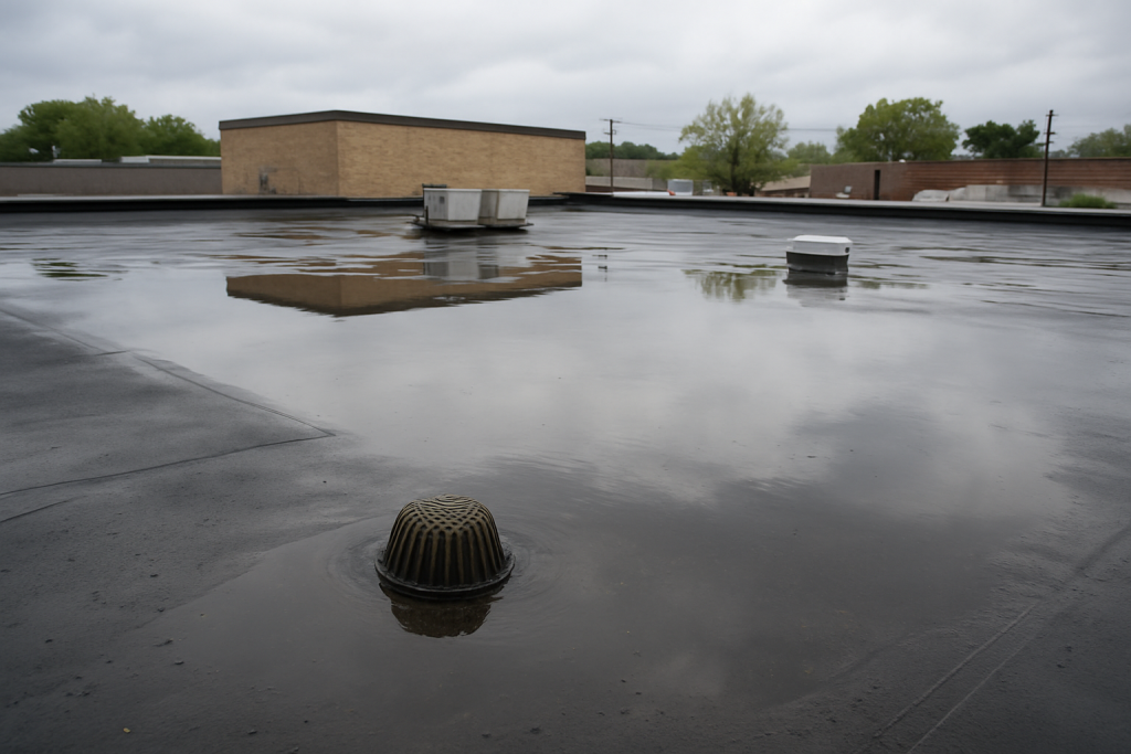 Standing water on a roof after rain